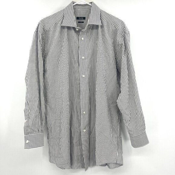 Zanella Made in Italy Gray Striped 100% Cotton Button Up Shirt Men's 17.5" - Picture 1 of 4